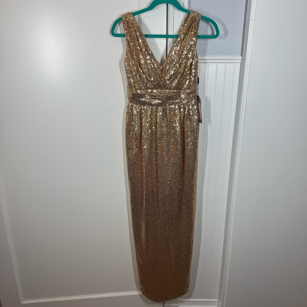 NWT Renz Ragz Bridal Metallic Sequin Gold Wrap Neckline Maxi Gown Size 4‎ formal